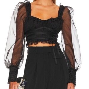 For Love & Lemons Black Sheer Organza Sleeve Jacquard Crop Top Blouse NWT